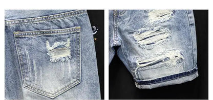 Men's Denim Shorts – Slim Fit Casual Knee Length Pants With Ripped Patch Detail