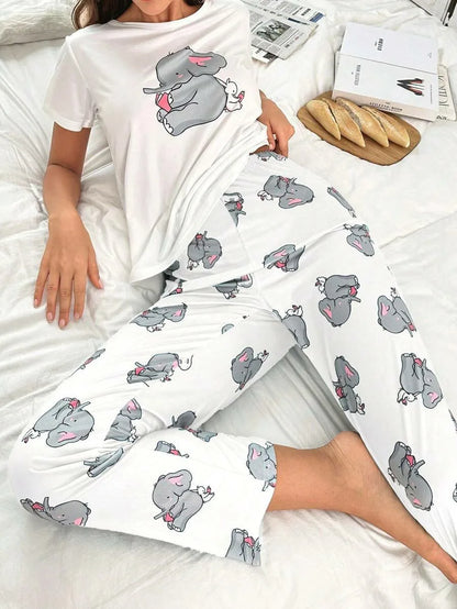 Women's new style small elephant rabbit pattern short sleeve cartoon trousers casual pajamas set