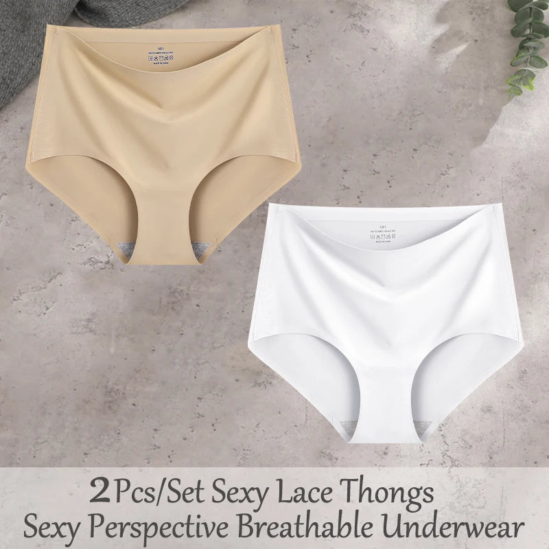 FINETOO 2Pcs/Set Summer Traceless Ice Silk Panties For Women Solid Color High Waist Underpants Female Breathable Sexy Lingerie