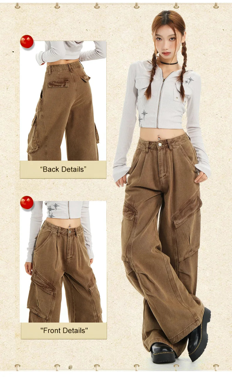 Retro Casual High Waisted Baggy Cargo Jeans Women Washed Distressed Wide Leg Pants Brown Denim Y2K Streetwear Vintage Trousers