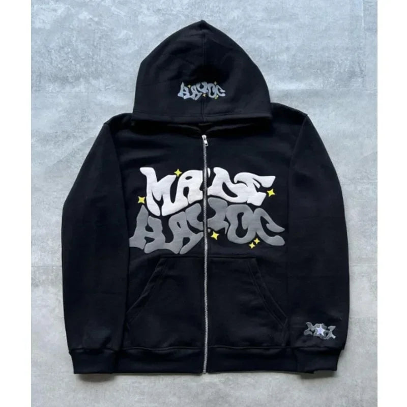 Men's Retro American Letter Zipper Printed Hooded Sweatshirt, Unisex Autumn and Winter Open Cardigan