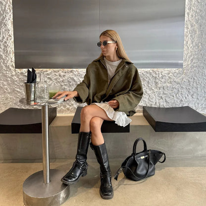 Vintage Suede Green Bomber Jacket Women Loose Lapel Full Sleeve Zipper Commute Coat 2025 Autumn Lady High Street All-match Coats