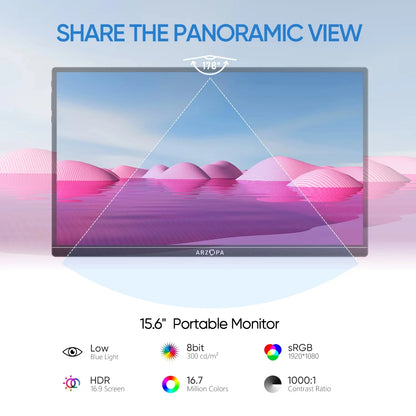 Portable Monitor 15.6 Inch - FHD IPS Display, USB-C & Mini HDMI External Screen