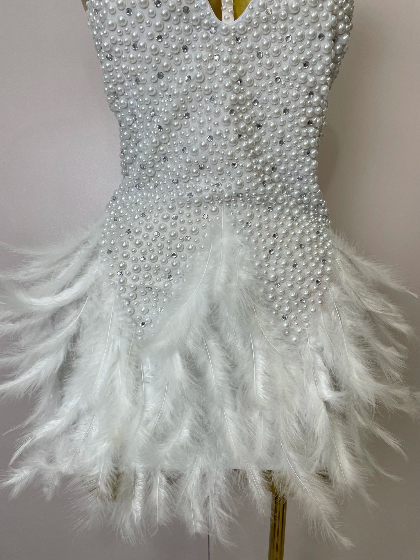 Backless Halter Dress - Women's Party Mini Sheath With Rhinestone & Feather Details
