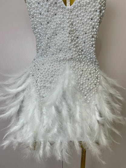 Backless Halter Dress - Women's Party Mini Sheath With Rhinestone & Feather Details