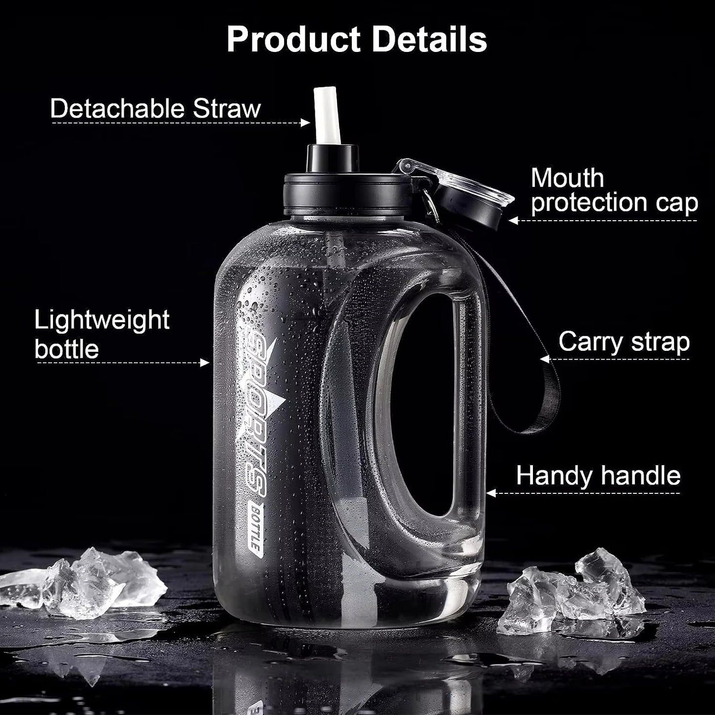 Large Capacity Water Bottle with Straw  & Strap Portable Handle BPA Free Eco-Friendly Perfect for Outdoor Sports and Fitness