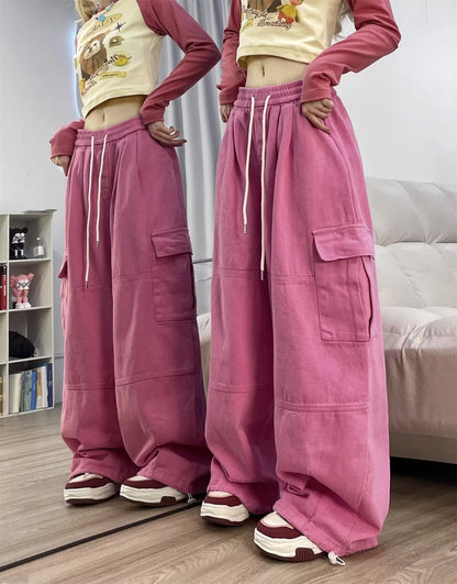 Cargo Pants Women Solid Color Japanese Loose Thin Straight Wide-leg High Waist Trousers High Street Basics Casual Pants Female