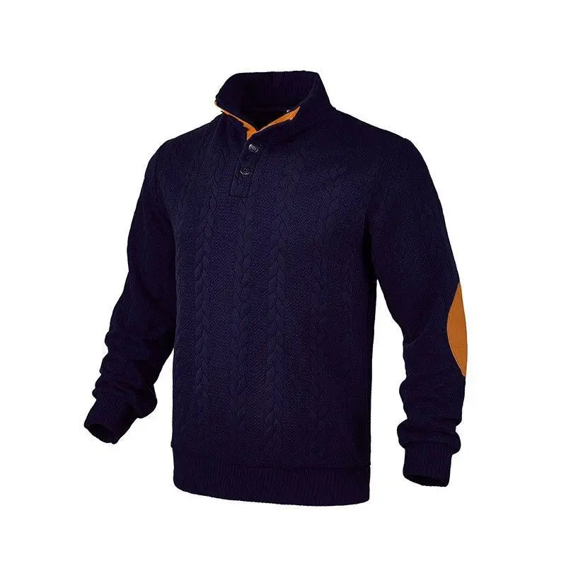 Men's Waffle Knit Quarter Zip Pullover with Contrast Trim and Elbow Patches Casual Long Sleeve Sweater