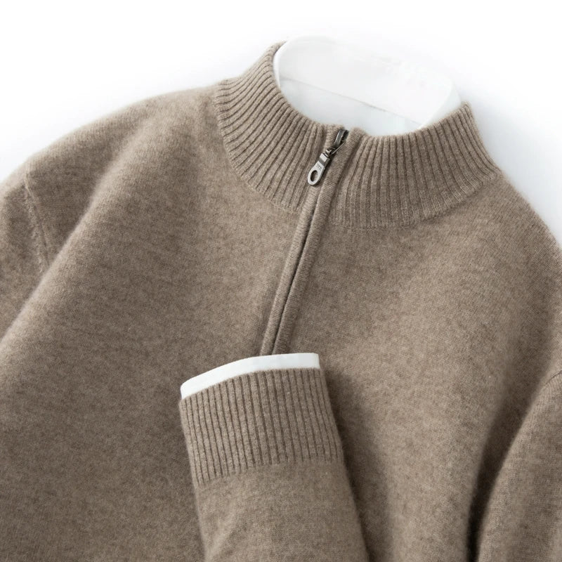 CHICUU Men's 100% Cashmere Sweater Zipper Pullover Mock Neck Long Sleeve Basic Cashmere Knitwear Autumn Winter Clothing Tops