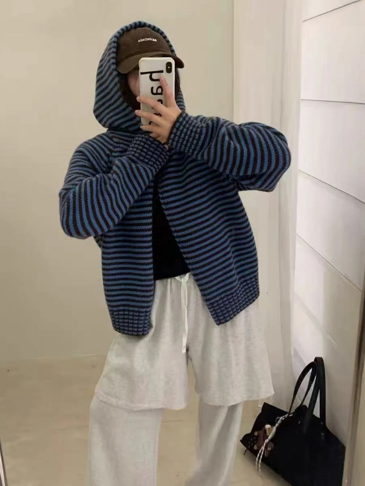 Purple Striped Hooded Sweater Jacket Women's Open Cardigan Autumn Winter Korean Style Soft Thickened Knitted Shirt Inner Wear...