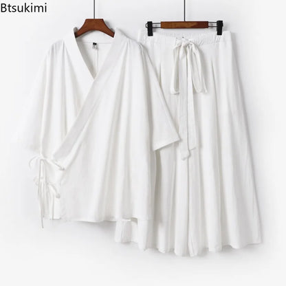 2026 Chinese Style Men's Linen Suit Tang Style Zen Style Hanfu Taoist Long Robe Top Pants Cotton and Linen Loose Two-piece Set