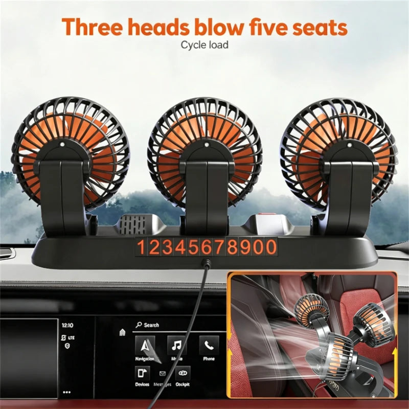 12V Automotive Fan Car Fan 24V 360° Adjustable 3-Head Air Fan Low Noise Multifunctional Temporary Parking Fan for Auto Vehicles
