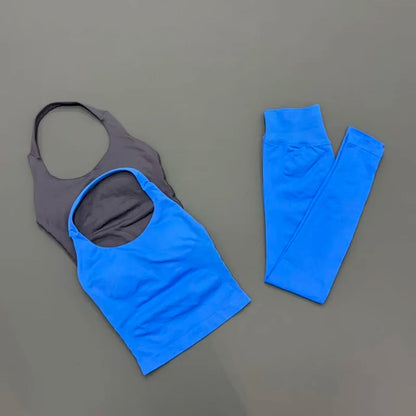 2 Piece Women Gym Set Seamless Halter Sports Top High Waist Leggings Tummy Control Squat Proof Yoga Fitness Activewear