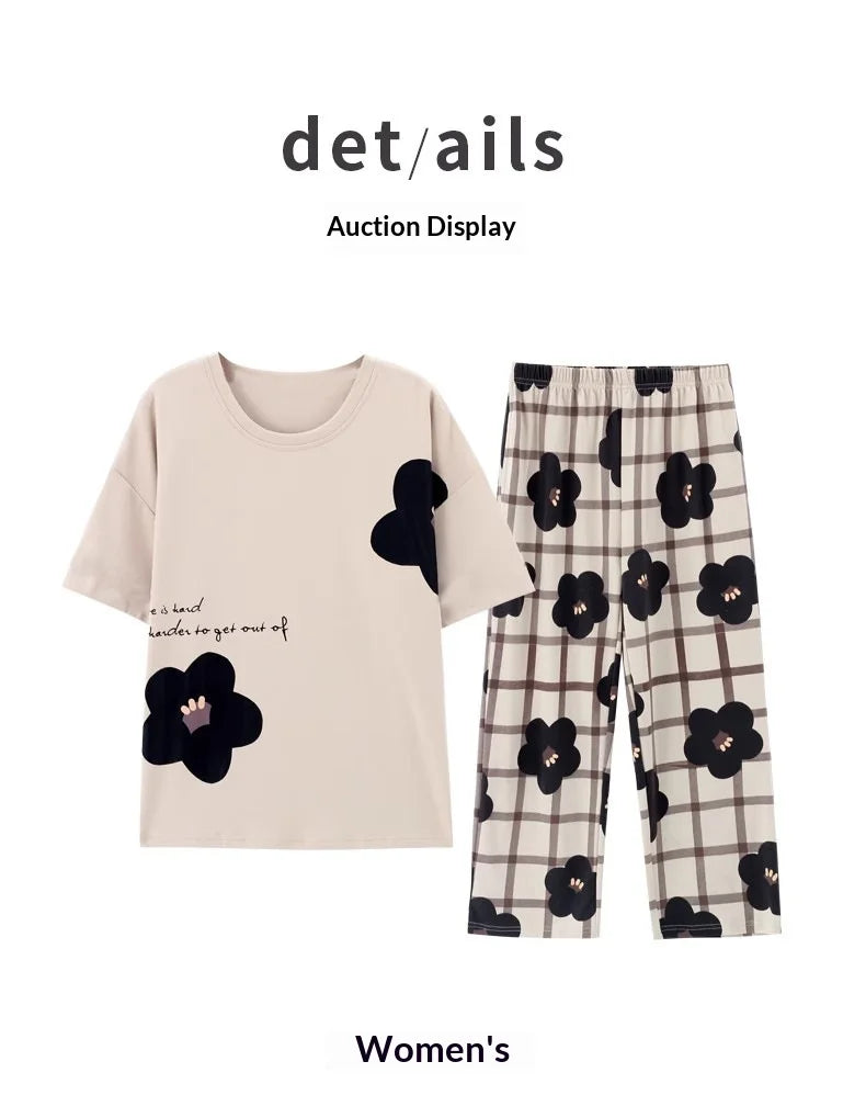 Women's Summer Pyjamas: Short-Sleeved Top and Cropped Trousers, Plus Size, Boho-Chic Checked Set, Loungewear, Women's Underwear