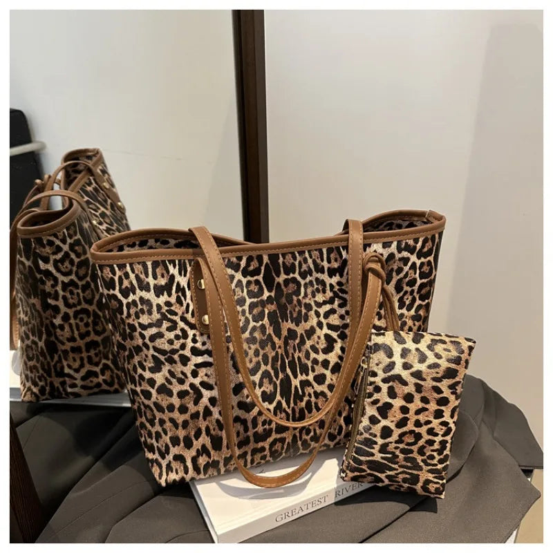 Leopard Print Tote Bag - Women's PU Leather Large Capacity Casual Travel Purse