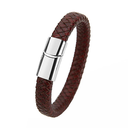 Mibrow Braided Black Leather Men Bracelet 10x5 12x6mm Size Fashion Metal Magnetic Clasp Wrap Bracelets Punk Charm Men Jewelry