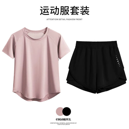 DRUR 2pcs Gym Set Women Summer Sportswear Outfit 2 Piece Short Sleeve Sports Shirt Shorts Sets Jogging Suit Female Tracksuit New
