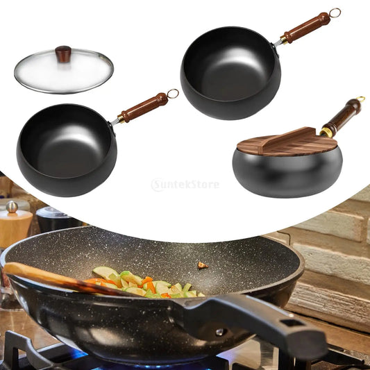 Nonstick Iron Wok with Wood Handle - Gas Stir Fry Pan for Home and Camping