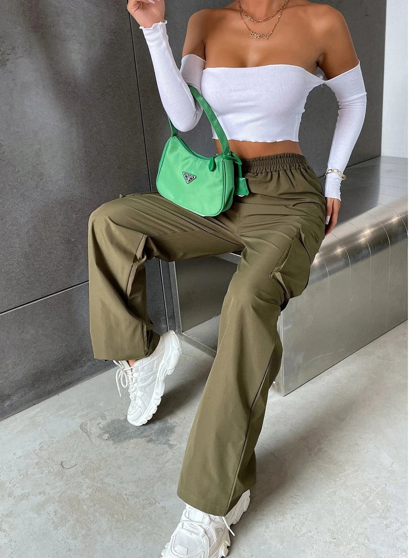 Elegant Solid High Waist Ripped Pant Fashion Women Pocket Elastic Straight Cargo Pants Casual Streetwear Sweatpant Y2K Trousers
