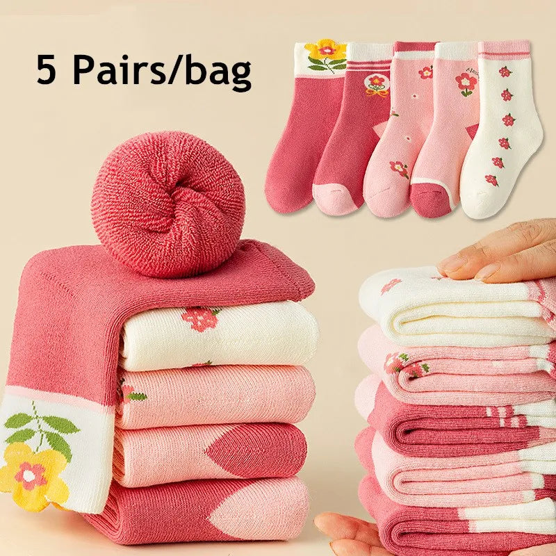 Girls Winter Socks 5 Pairs Baby Cute Color Princess Pink Thick Cotton Socks Children Warm Winter Socks