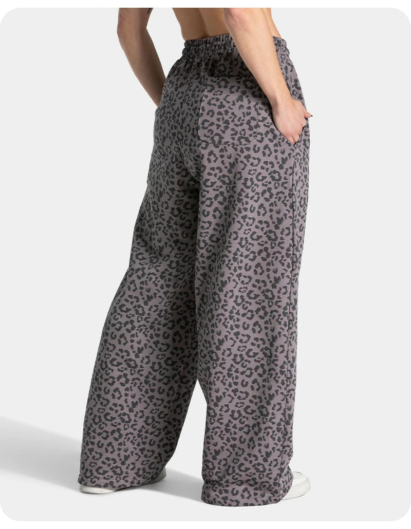 Women High Elastic Leopard Print Yoga Pants Loose Wide Leg Fitness Workout Pants Butt Lifting Slim Casual Sports Trousers