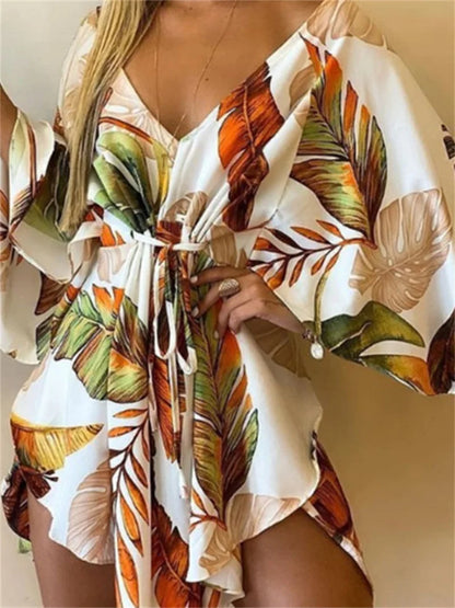 Women Print Dress - V-Neck Mini Sundress With Batwing Sleeve & Ruffle Detail