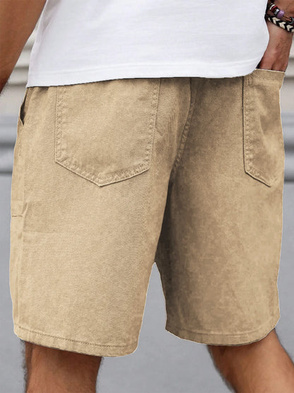 Summer Men's Retro American Style Shorts with Drawstring Casual Pants Included Solid Color Trendy Mid-Length Men's Shorts