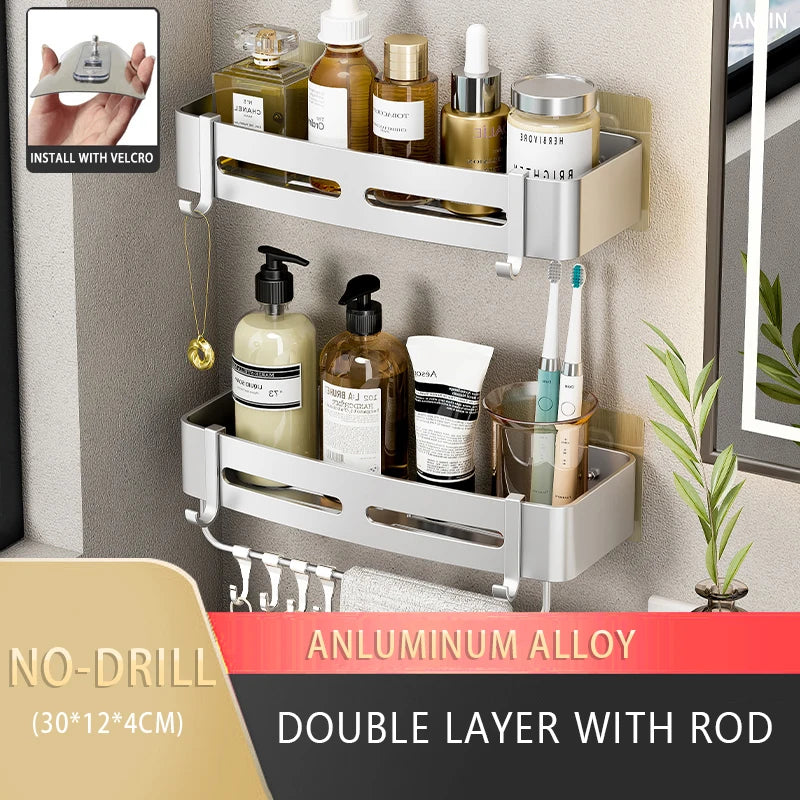 Aluminum Corner Shower Rack - Wall Mounted Bathroom Storage Organizer