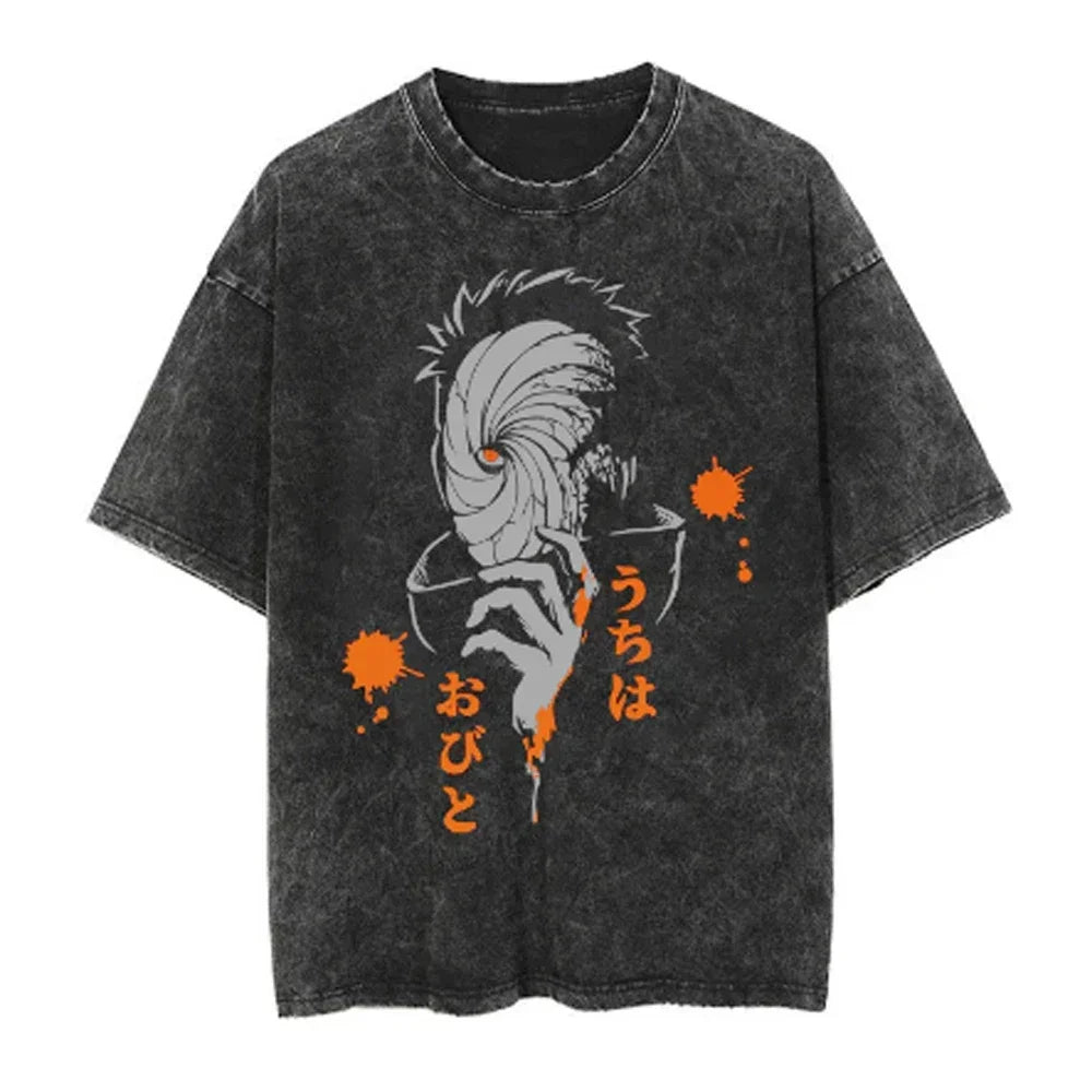 Men Streetwear Tshirt Japanese Naruto Anime Graphic T-Shirt Cotton Harajuku Washed T Shirt Summer Hip Hop Tops Tees Black