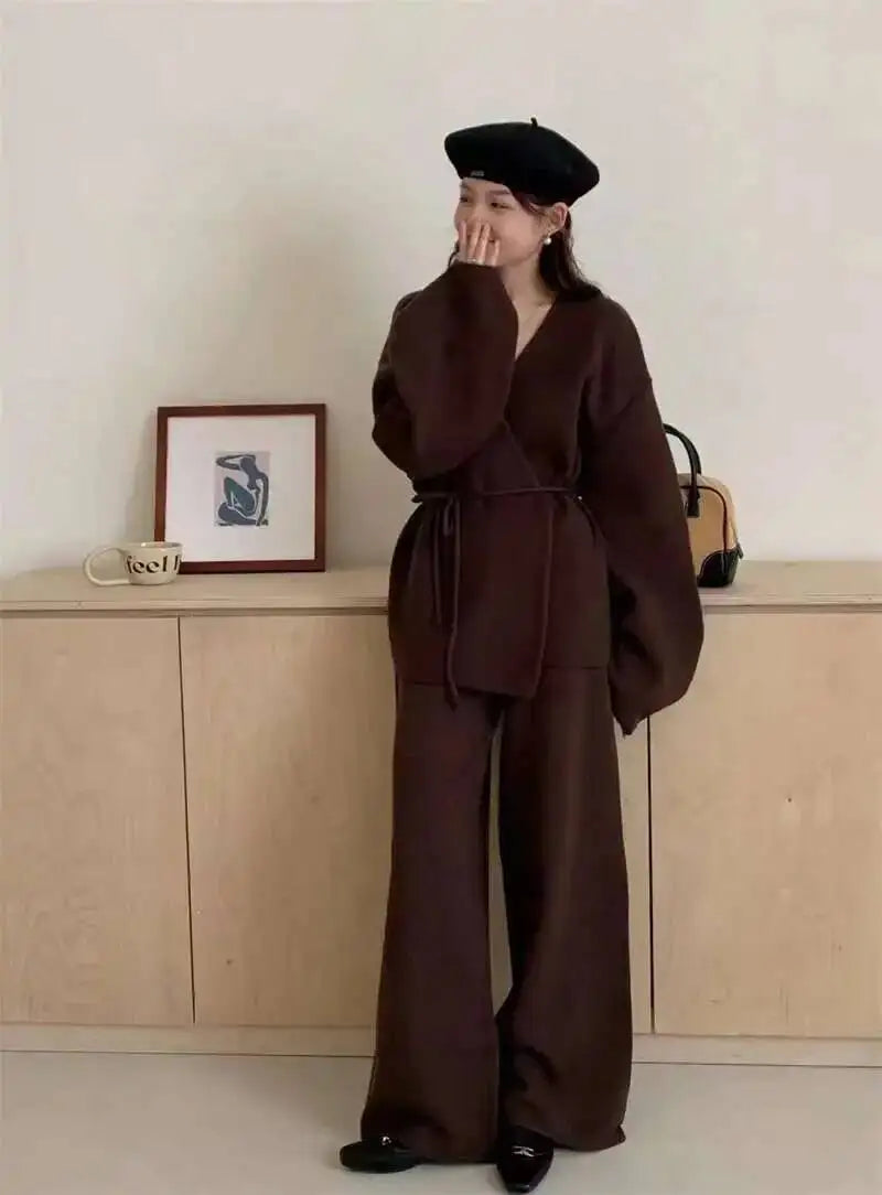 [EWQ] Fashion V-neck Long Sleeve Lace Up Sweater And High Waist Trousers Casual Women Knit Set Clothing 2025 Autumn New 16O1719