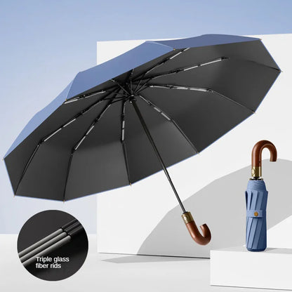 Windproof UV protection casual folding UPF50+automatic umbrella handle curved handle design, stylish design compact sun and rain