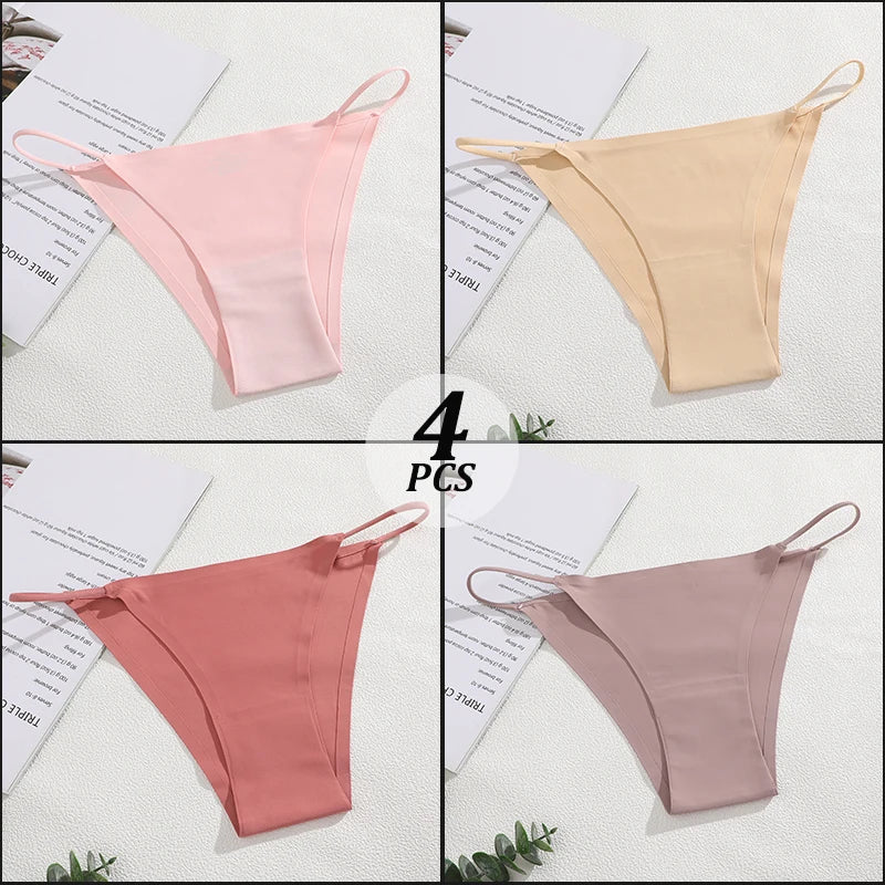 4PCS/Set Seamless Thin Strap Thong Underwear Women Low Rise Briefs Ice Silk Comfortable Panties Multi Color No Trace Lingerie