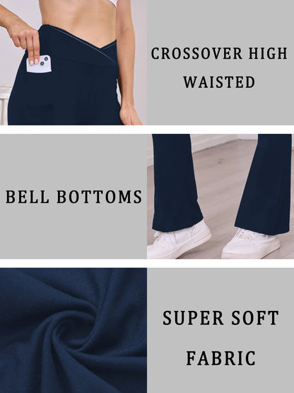 Womens Super Soft Crossover High Waisted Flare Leggings with Pockets Tummy Control Yoga Pants