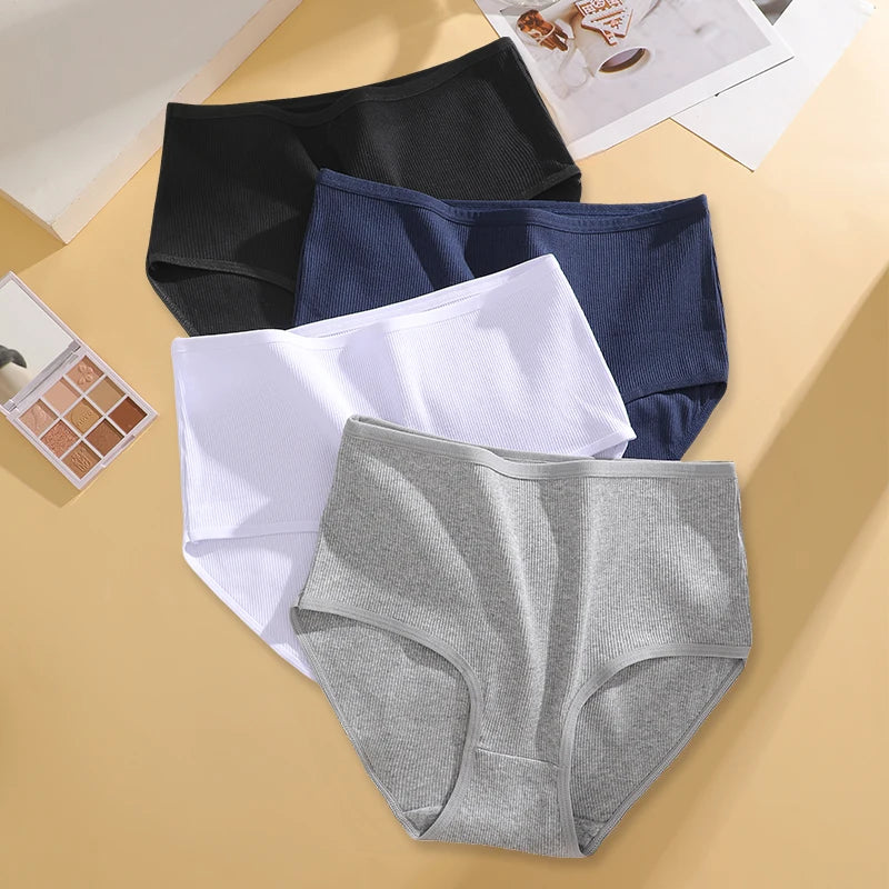 FINETOO 4 Pieces High Waist Women's Unicolor Seamless Panties Oversized Women's Underwears Solid Color S-XXL Cotton Pantys