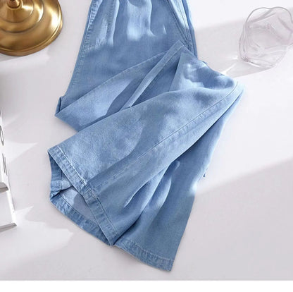 Plus Size Loose Fit Ice Silk Jeans Casual Yoga Demin Pants Women's Summer Trendy Brand Thin Wide Leg Pants Feel Comfortable