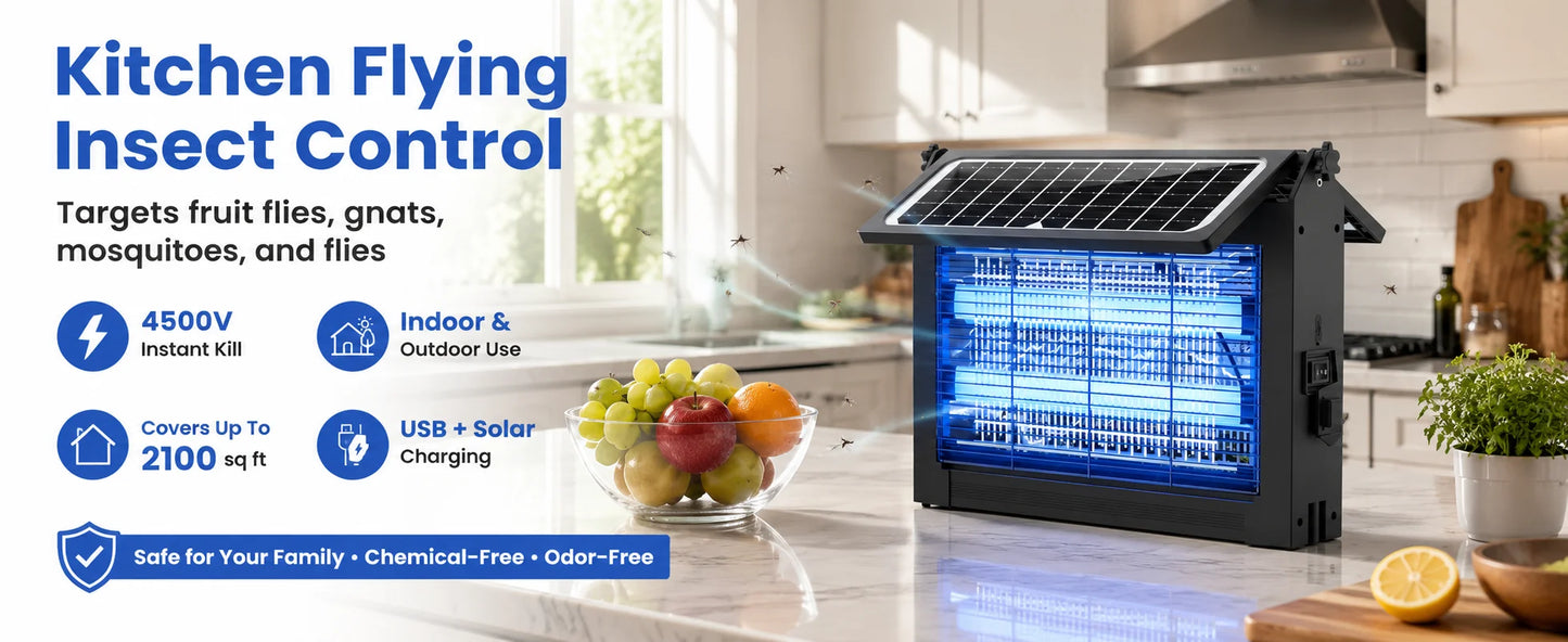 Solar Bug Zapper Outdoor, 4500V Electric Mosquito Zapper with Dual Solar Panels & USB Charging, IPX5 Waterproof Fly Trap