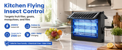 Solar Bug Zapper Outdoor, 4500V Electric Mosquito Zapper with Dual Solar Panels & USB Charging, IPX5 Waterproof Fly Trap