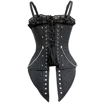 Sexy Women Gothic Corset & Bustier Striped Zip Buckled Steampunk Overbust Corselet Top Vest Punk Rock Style Clothes