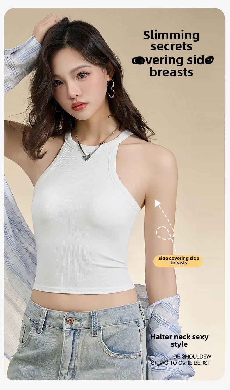 Threaded Halter Neck Camisole Top With Build-in Bra High Elastic Slim-fitting Sling Fixed Cup Breathable Women Underwear