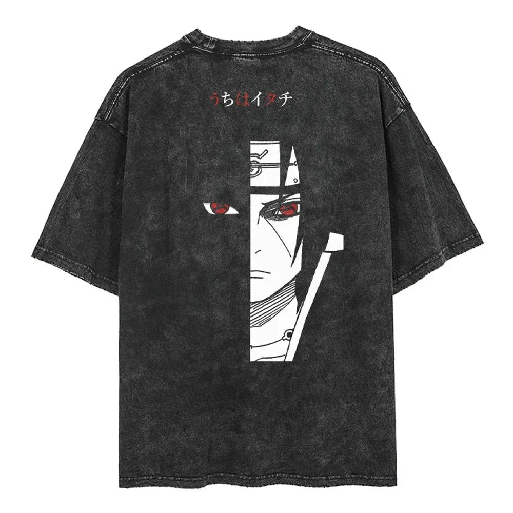 Men Streetwear Tshirt Japanese Naruto Anime Graphic T-Shirt Cotton Harajuku Washed T Shirt Summer Hip Hop Tops Tees Black