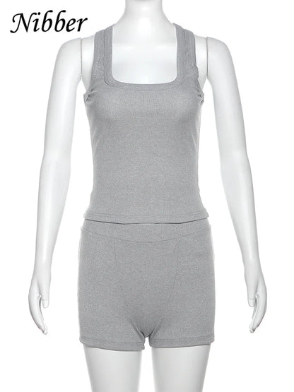 Nibber Ribbed Casual 2 Piece Set Women Tracksuit Sporty Square Collar Tank Tops+Shorts Suit Streetwear Simple Matching Outfits
