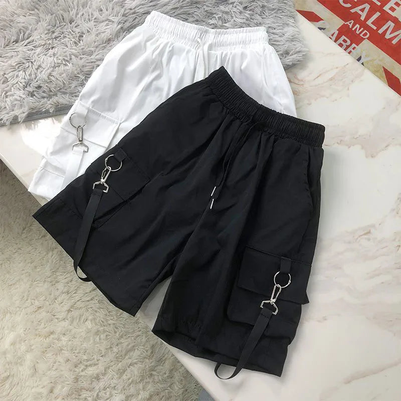 Summer Cargo Shorts Women Y2K Harajuku Streetwear Hip Hop with Chain Shorts Bf High Waist Baggy Wide Leg Short Pants New