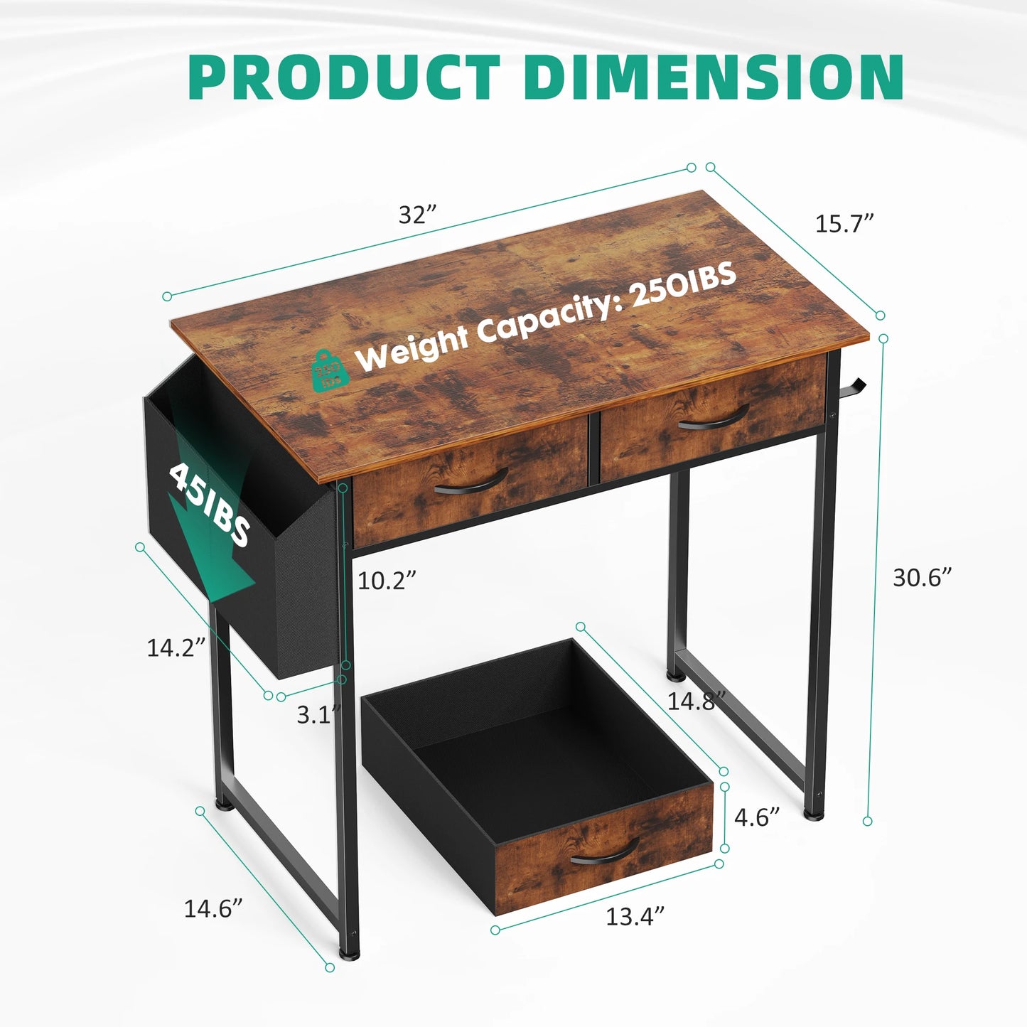 Modern Office Desk – Computer Desk with Storage Drawers, Metal Frame & Adjustable Feet