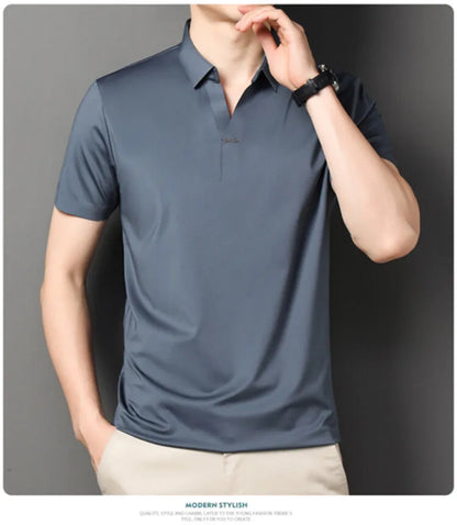 Men's Polo Shirt - Elastic Stretch, Business Casual Short Sleeve Polo for Office Wear
