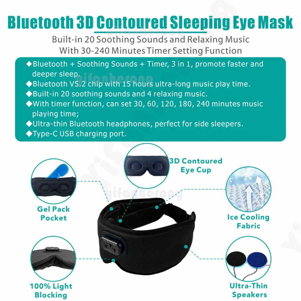 3D Bluetooth-compatible 5.2 Timed Sleep Eye Mask Earphones Headband Built-in White Noise Music With Mic Shading Sleep Headphones