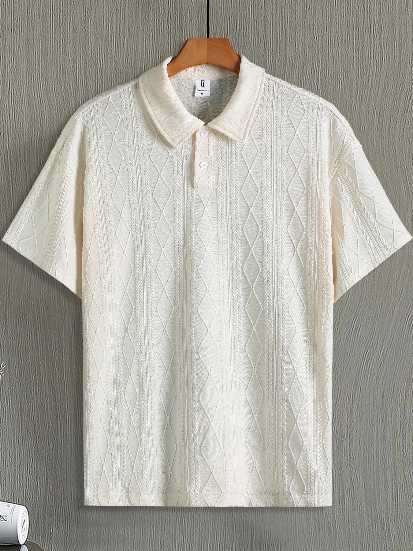 Men's Beige Argyle Texture Short Sleeve Polo Shirt Summer Loose Smart Casual Top