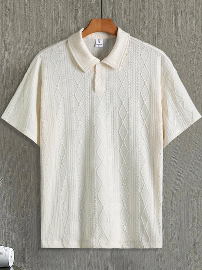 Men's Beige Argyle Texture Short Sleeve Polo Shirt Summer Loose Smart Casual Top