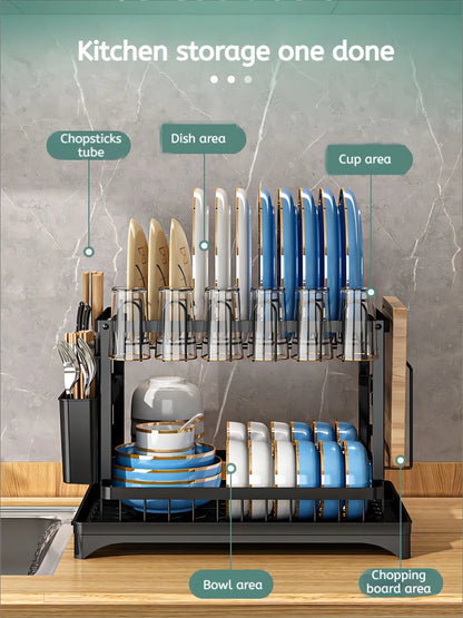 2 Tier Dish Drying Rack Kitchen Bowl Drainer Storage Rack Tableware Drain Chopsticks Knife Fork Water Cup Storage Holder 2 Tier