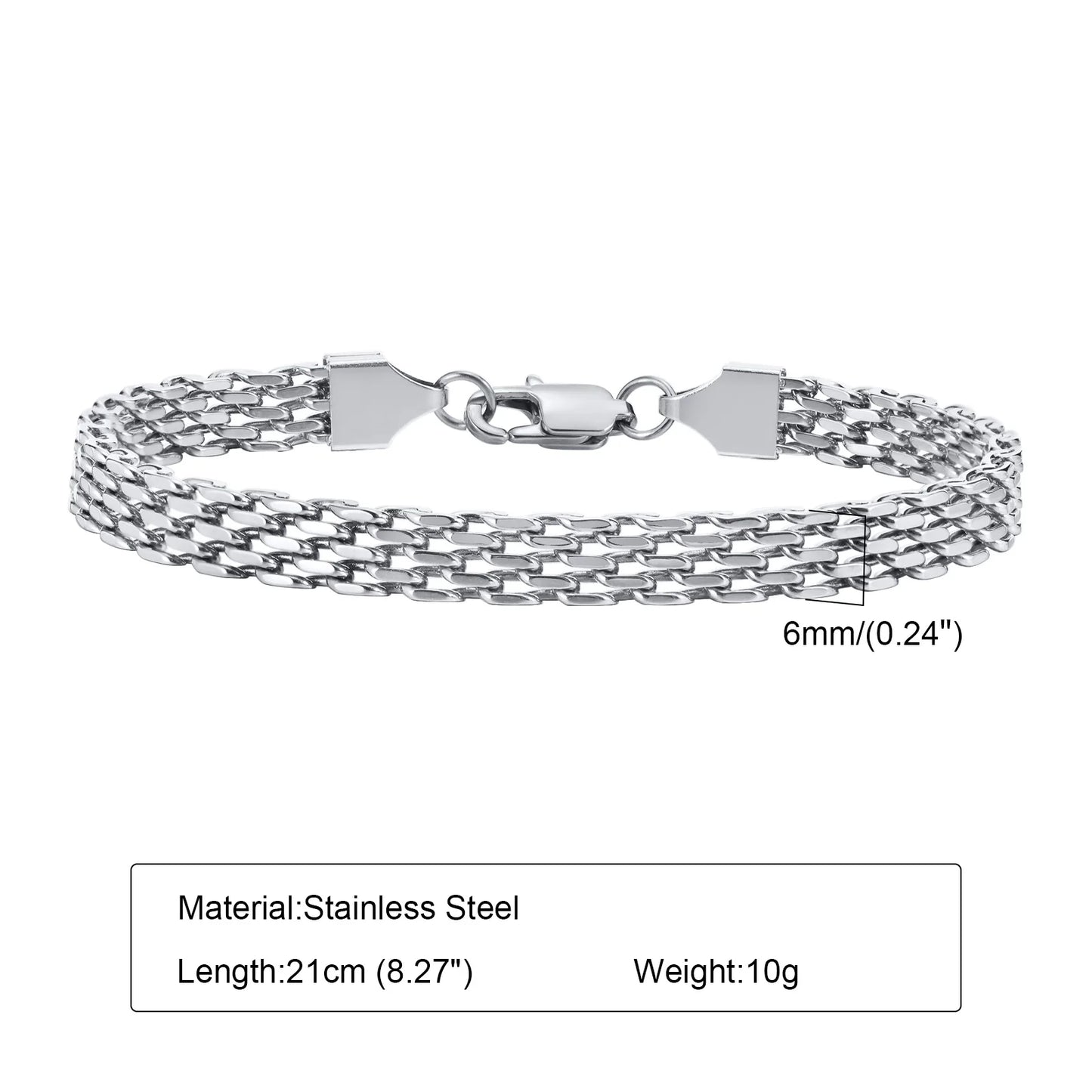 Punk Silver Color Men's Chain Bracelets,Hiphop Stainless Steel Braided Link Wristband,Classic Metal Jewelry Gift for Him Dad