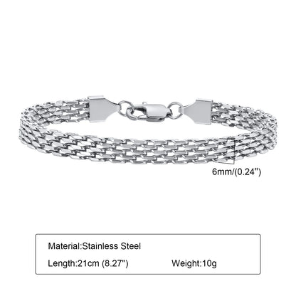 Punk Silver Color Men's Chain Bracelets,Hiphop Stainless Steel Braided Link Wristband,Classic Metal Jewelry Gift for Him Dad